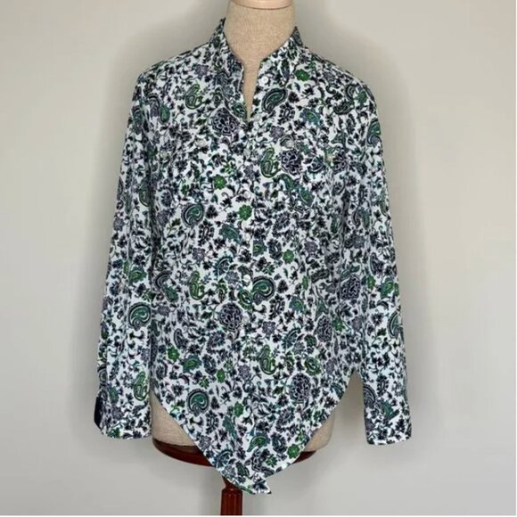 Jones New York Long Sleeve Button Up Paisley Blue Green Blouse Size PM - Picture 1 of 9